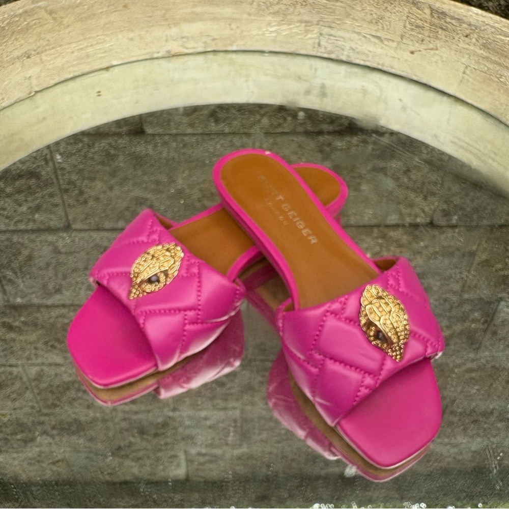 Kurt Geiger Pink Quilted Slide Sandals with Gold Accent